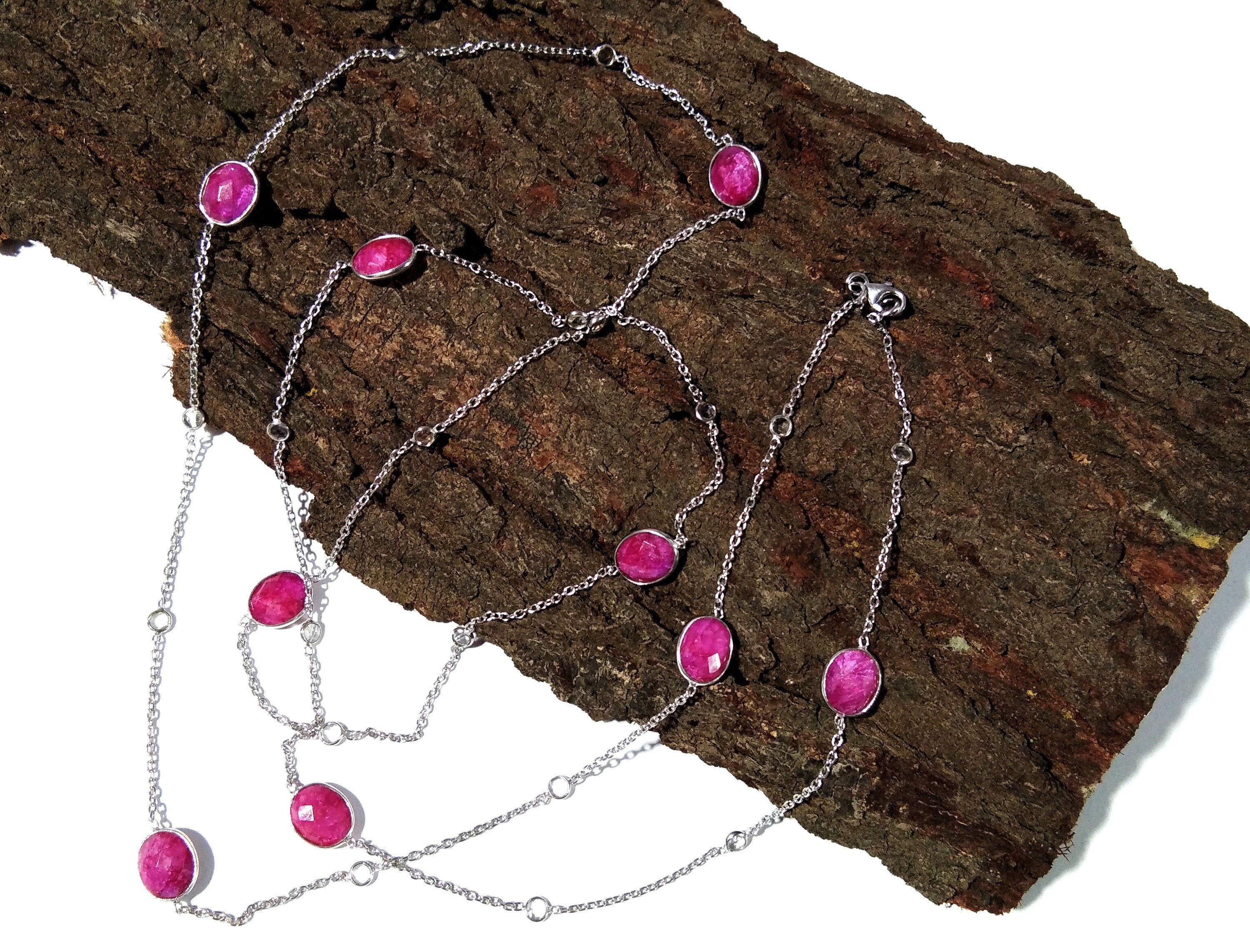 Ruby Necklace in 925 Sterling Silver With Zircon Polky Necklace, Handmade Bezel Necklace 40" Inches Length.